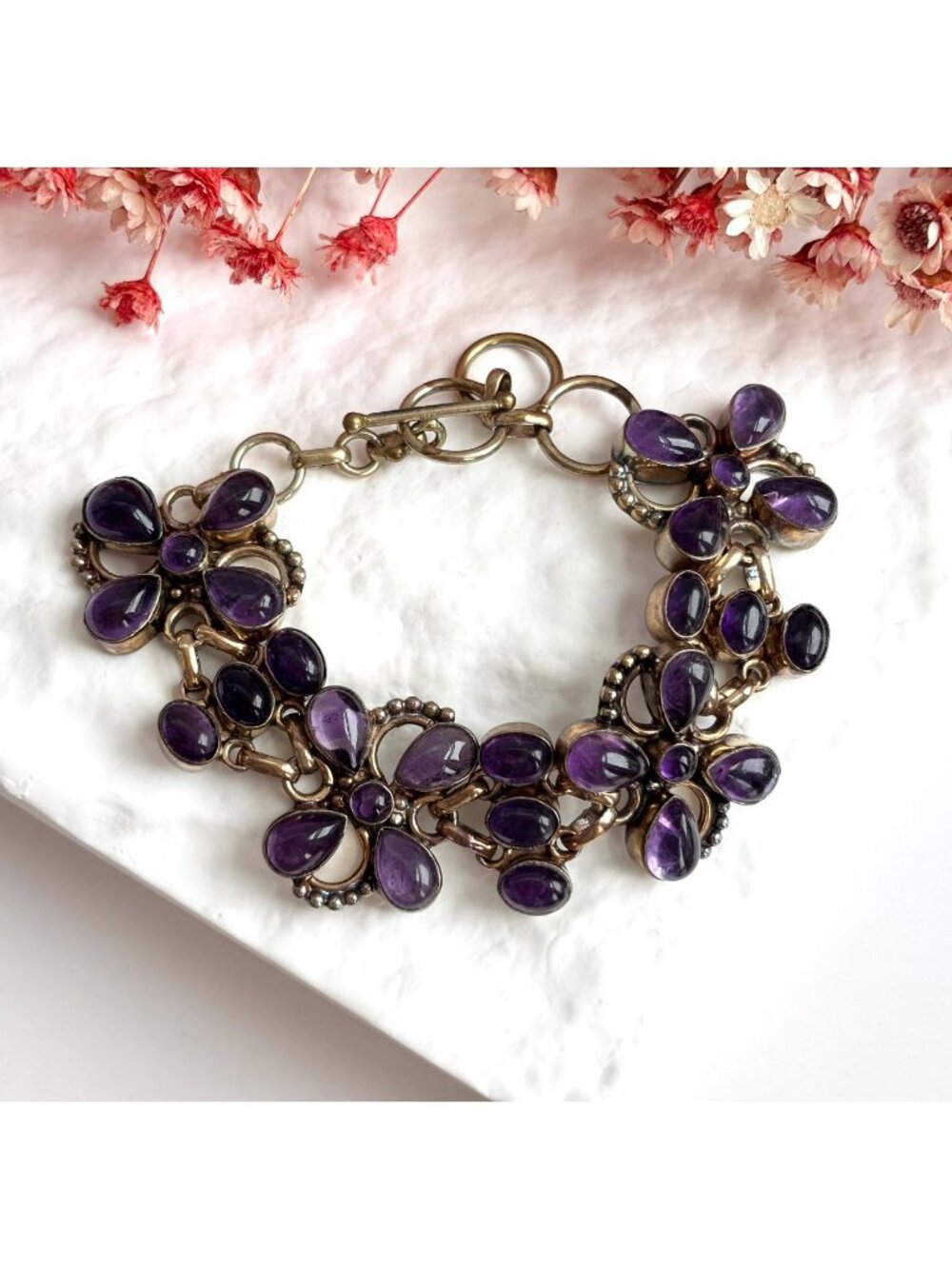 Natural Purple Amethyst Floral Link Beaded Sterling Silver 925 Vintage Bracelet